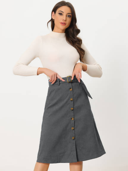 Allegra K - Button Front A-Line Belted Corduroy Skirt