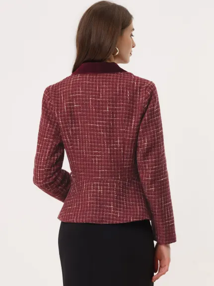 Allegra K- Blazer vintage à col cranté en tweed à carreaux avec ceinture