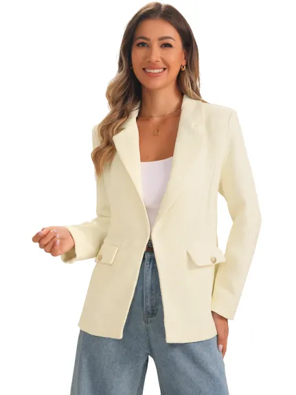 Allegra K - Notched Lapel Shoulder Pads Tweed Blazer