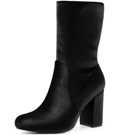 Allegra K- Round Toe Block Heels Foldable Mid Calf Boots