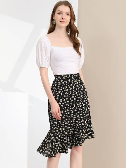 Allegra K- Asymmetrical Ruffle Floral Midi Skirt