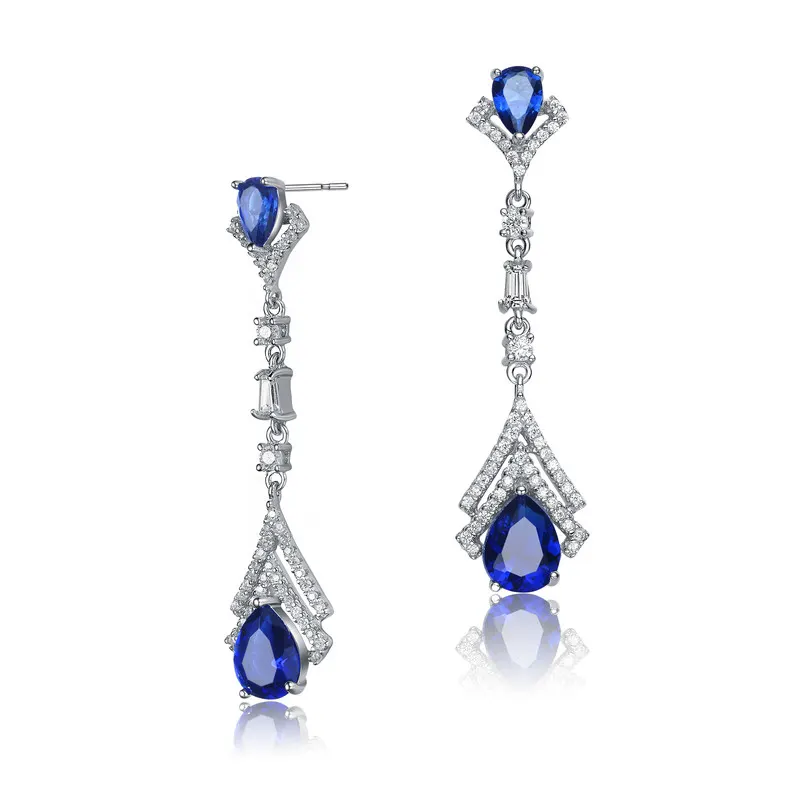 Genevive Sterling Silver White Gold Plated with Colored Pear Cubic Zirconia Drop Earrings