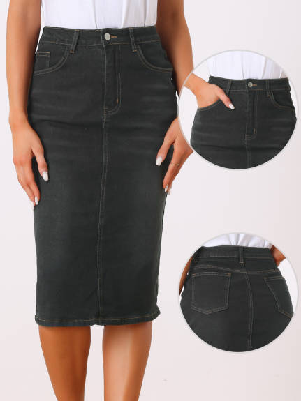 Allegra K- High Waist Split Back Denim Midi Skirt