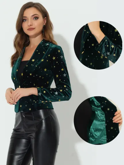 Allegra K- 1 Button Velvet Blazer Lapel Crop Suit Jacket