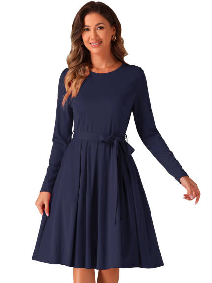 Allegra K - Long Sleeve Tie Waist Pleated Business Dress