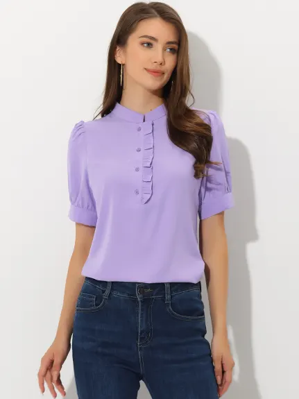 Allegra K - Puff Sleeve Chiffon Half Placket Top