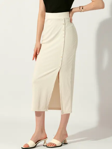 Allegra K - Side Split Ribbed Knit Pencil Skirt