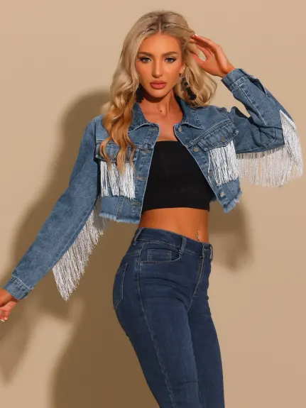 Allegra K- Crop Tassel Button Down Denim Coat