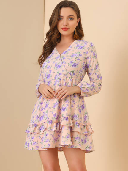 Allegra K- Tiered Ruffled Tie Waist Floral Dress