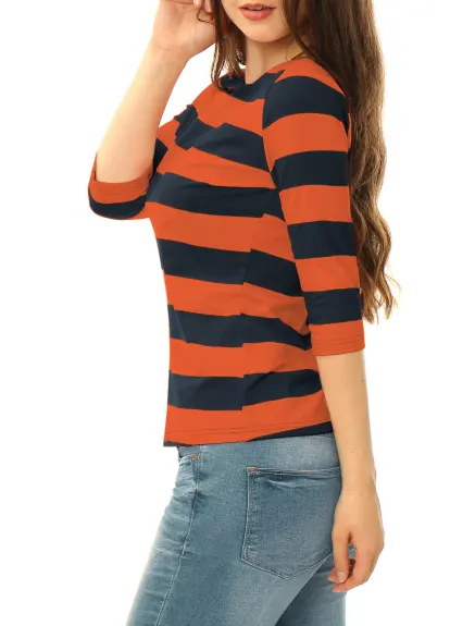 Allegra K- Boat Neck Elbow Sleeve Slim Fit Stripe T-Shirt