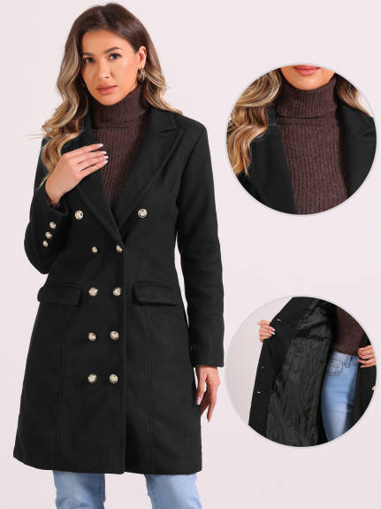 Allegra K - Notched Lapel Double Breasted Mid Long Pea Coat