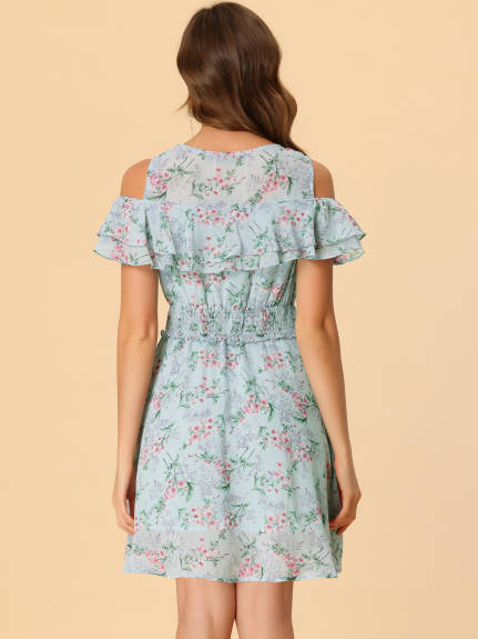 Allegra K- Cold Shoulder Smocked Waist Chiffon Floral Mini Dress