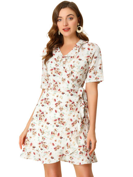 Allegra K- Mini robe florale à volants et à nouer à manches courtes bouffantes