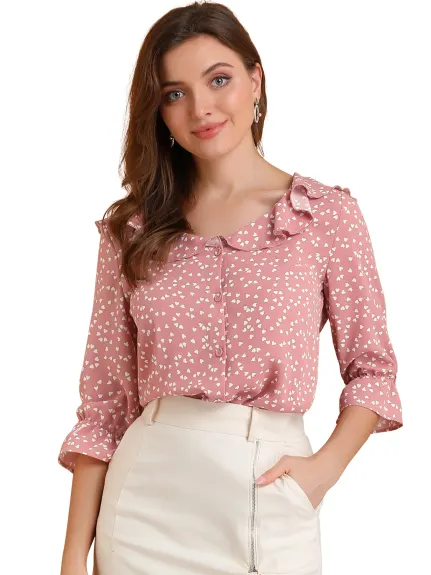 Allegra K- Ruffled Collar Elbow Sleeve Heart Print Blouse