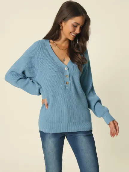 Allegra K- V Neck Button Down Ribbed Knit Pullover Top