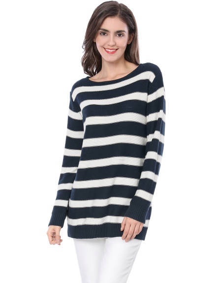 Allegra K- Round Neck Drop Shoulder Loose Striped Tunic Sweater