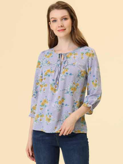 Allegra K- Tie V Neck Ruffled 3/4 Sleeve Floral Blouse