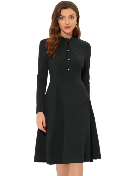 Allegra K- Tie Neck Knit Long Sleeve Midi Sheath Dress