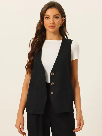 Allegra K- Button Down V Neck Vest Waistcoat