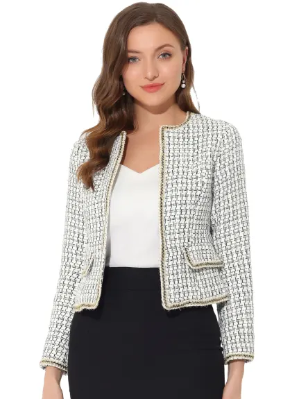 Allegra K- Plaid Tweed Open Front Short Blazer