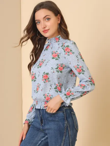 Allegra K- Smocked Waist Ruffled Hem Stand Collar Blouse