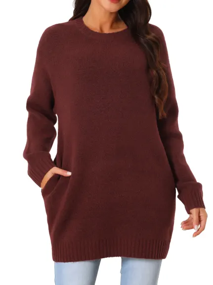 Allegra K- Round Neck Pullover Sweater with Pockets