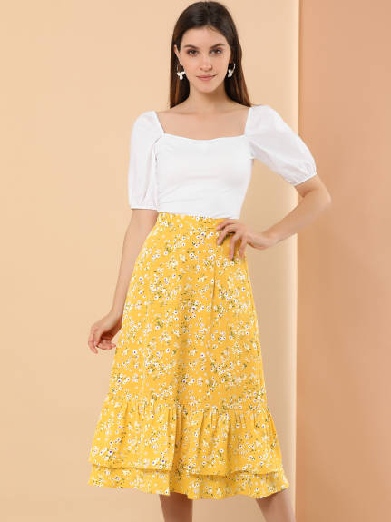 Allegra K- Printed Chiffon Ruffle Tiered Zipper Midi Skirt