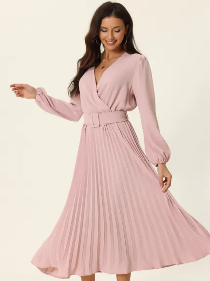 Allegra K- Pleated Puff Long Sleeve V Neck Belt Waist Midi Dress