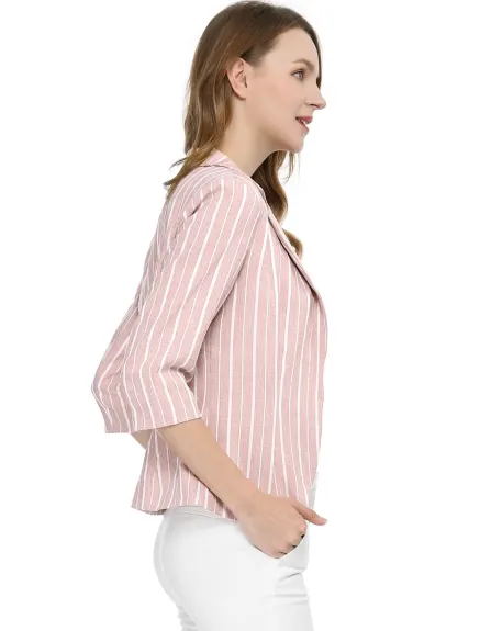 Allegra K- Casual Striped 3/4 Sleeves Open Front Notched Lapel Blazer