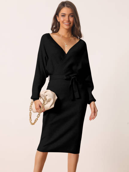 Allegra K - Deep Wrap V Neck Belted Sweater Dress