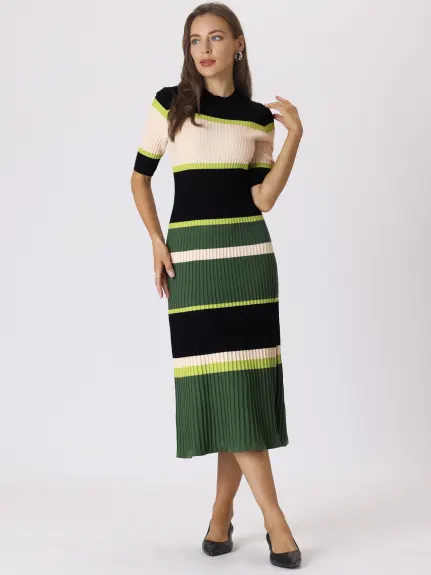 Hobemty- Short Sleeve Striped Knit A-Line Midi Dress