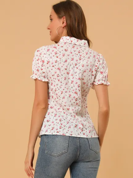 Allegra K - Frilled Short Sleeve Floral Cotton Shirt