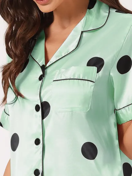 cheibear - Polka Dots Button Down Satin Sleepwear Set