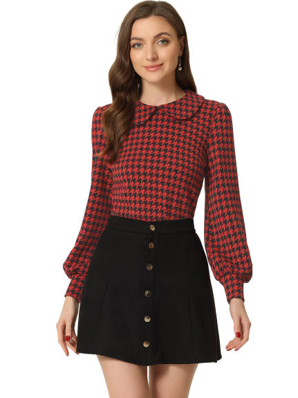 Allegra K- Houndstooth Plaid Button Back Blouse