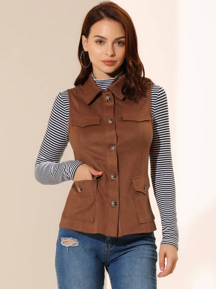 Allegra K- Faux Suede Vest Buttoned Jacket with Cargo Pocket