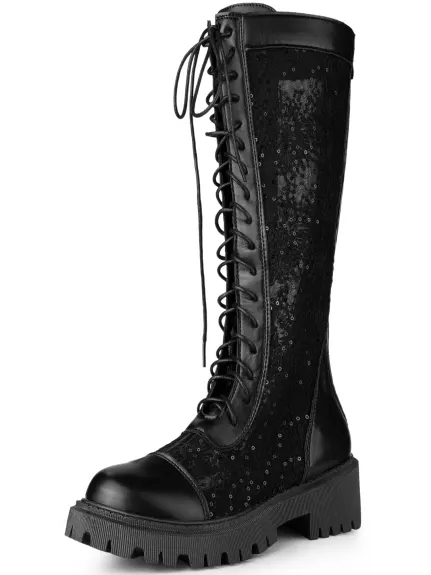 Allegra K - Lace Up Mesh Floral Block Heel Knee High Boots