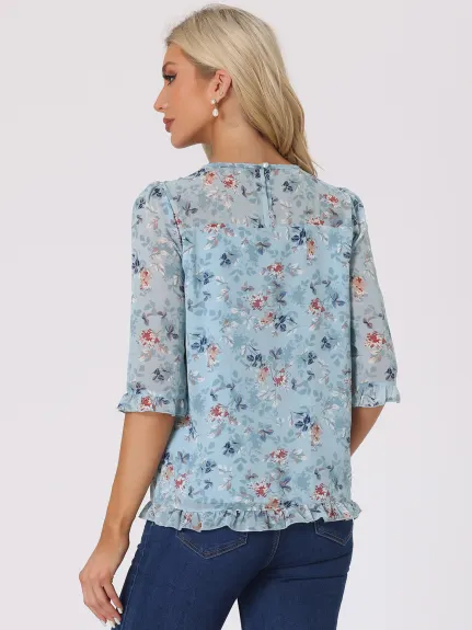 Allegra K- Floral Ruffled 3/4 Sleeve Chiffon Blouses