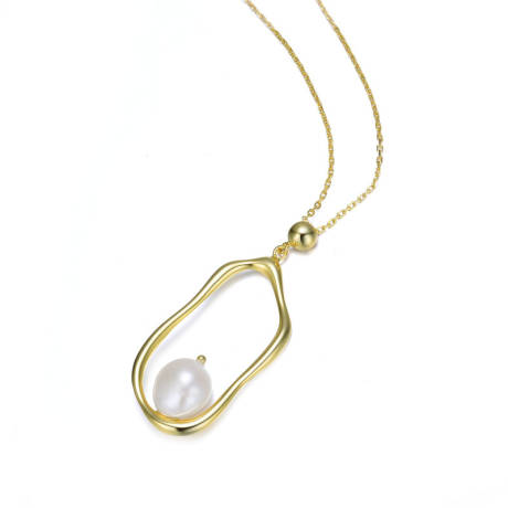 Genevive Sterling Silver 14k Gold Plating with Genuine Freshwater Pearl Halo Pendant Necklace