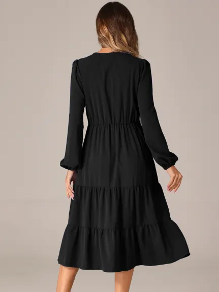 INSPIRE CHIC - V Neck Lantern Sleeve Ruffle Flowy Dress