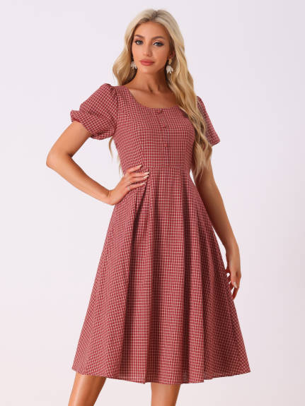 Allegra K - Summer Button Decor Plaid Pleated Dress