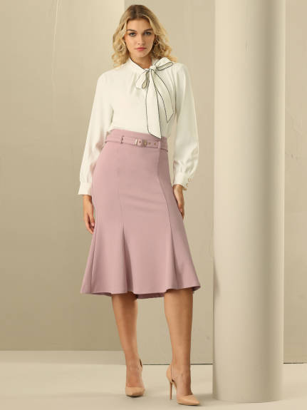 Hobemty - High Waist Belted Midi Fishtail Skirt