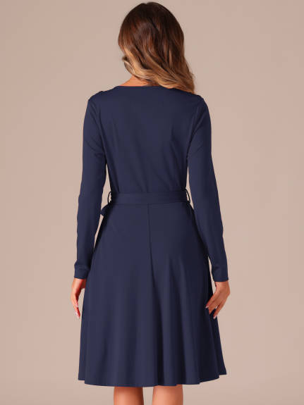 Allegra K - Long Sleeve Tie Waist Pleated Business Dress