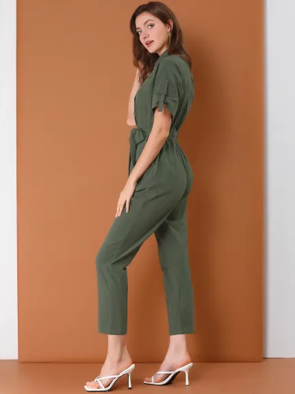 Allegra K- Turndown Collar Button up Tie Waist Cargo Jumpsuit