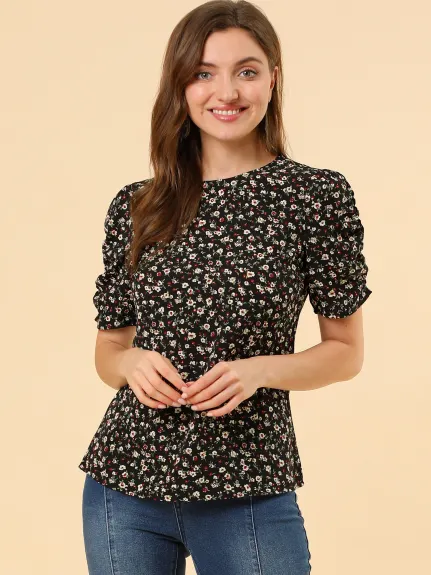 Allegra K- Floral Crew Neck Shirred Short Sleeve Blouse