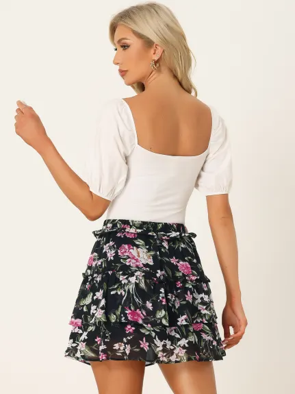 Allegra K- Layered Ruffle Elastic Waist Floral Mini Skirt