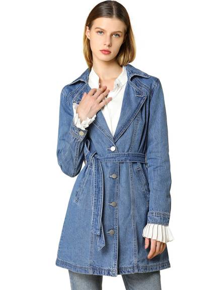 Allegra K- Notched Lapel Button Belted Long Denim Jacket