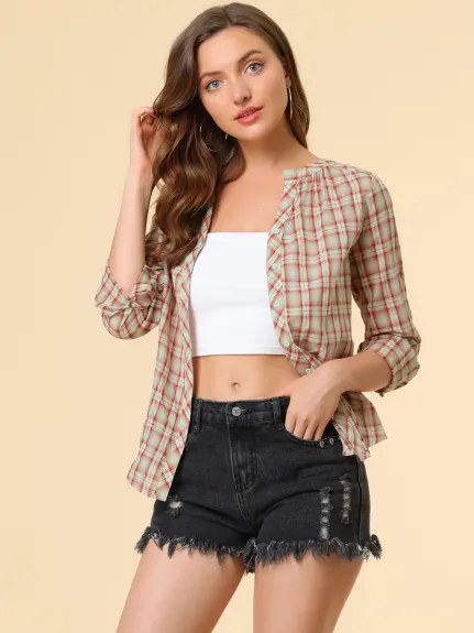 Allegra K- Plaid V Neck Long Sleeve Blouse Shirt