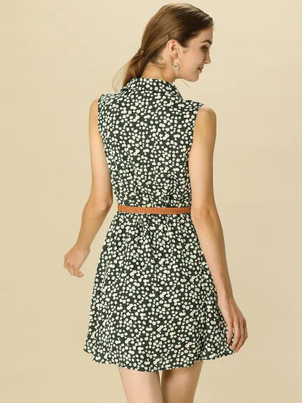 Allegra K- Printed Half Placket Sleeveless Belted Dress