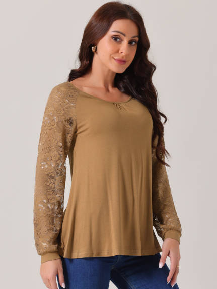 INSPIRE CHIC - Lace Long Sleeve Crewneck Fall Blouse