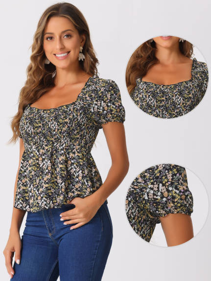 Allegra K- Floral Shirred Ruffle Peplum Top